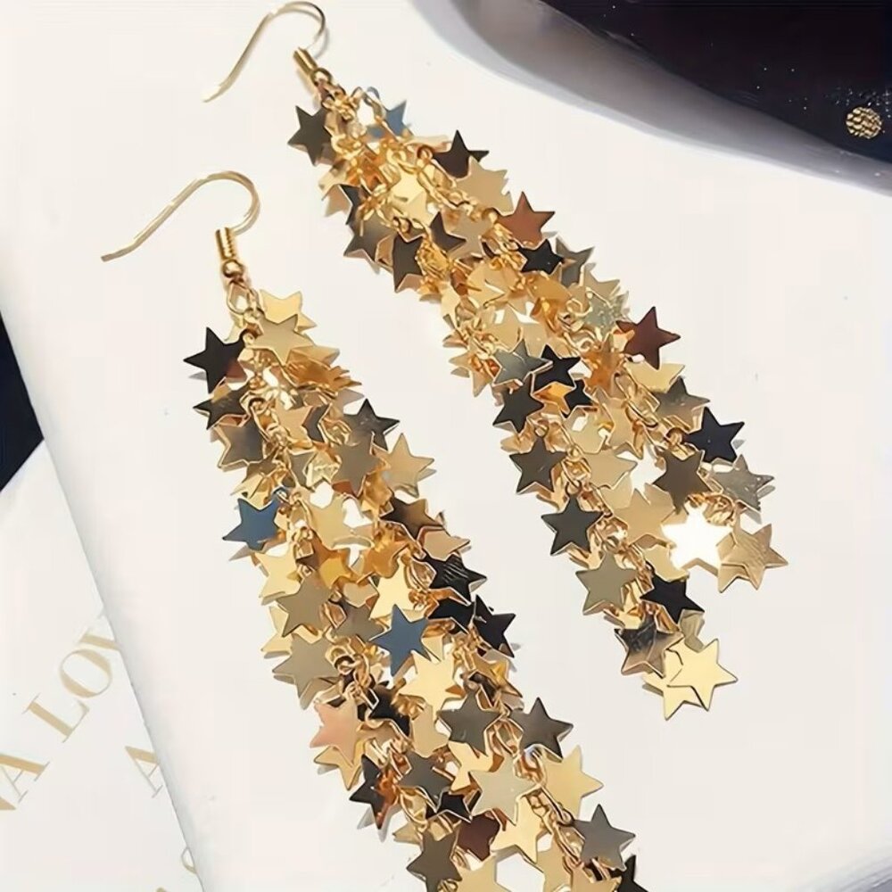 Gold Star Tassel Earrings Galaxy Waterfall Meteor Shower Z3